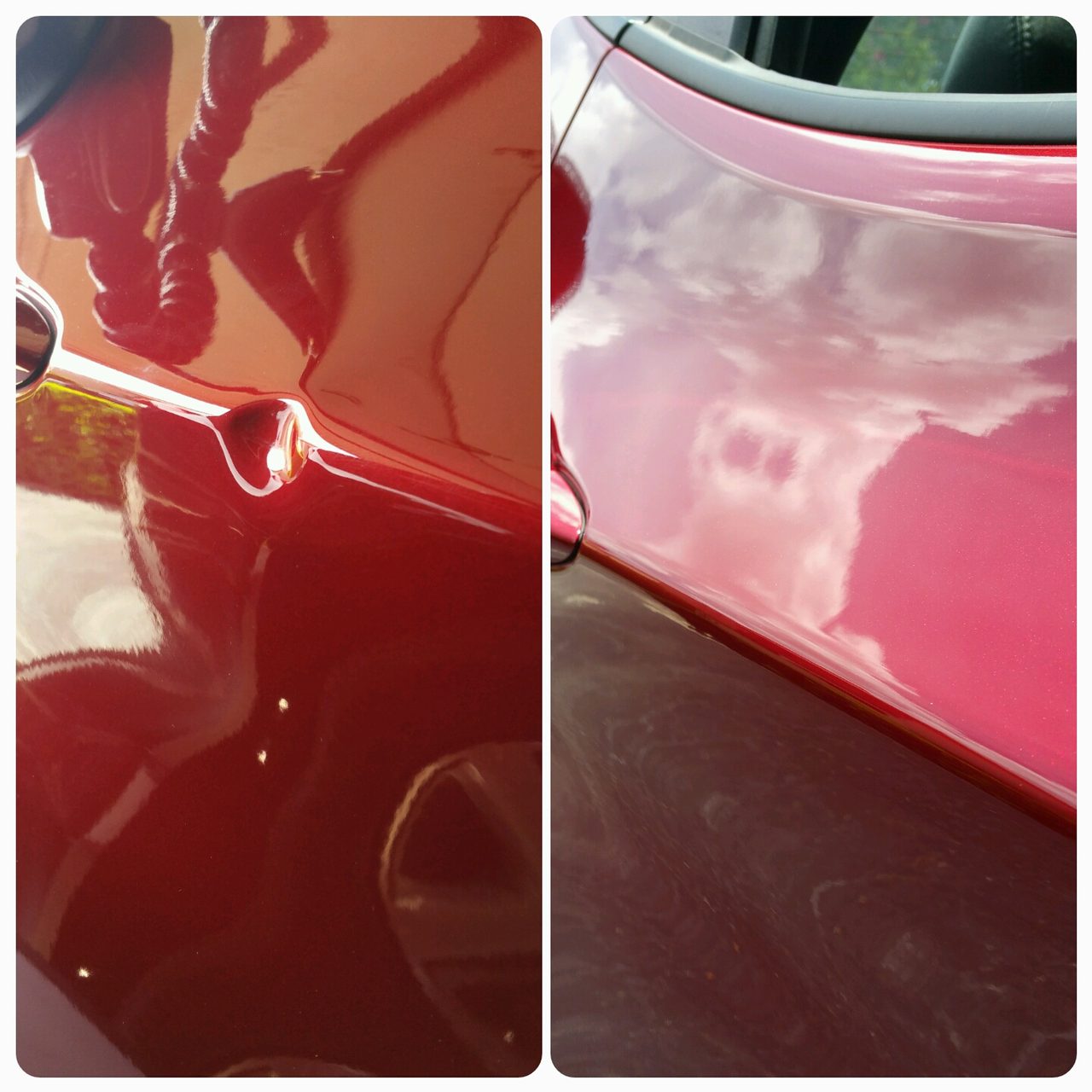 Front fender door ding — before and after repair