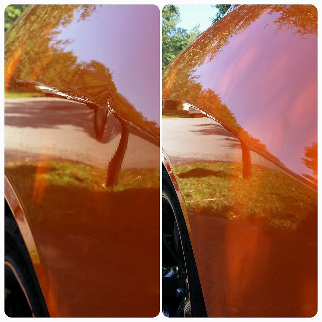 Trunk lid dent removed before and after