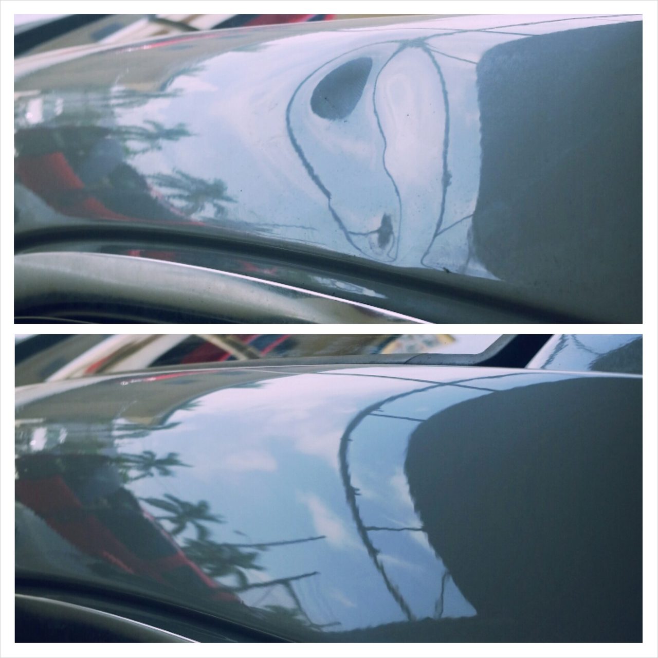 Small dent fixed on a front fender — before and after