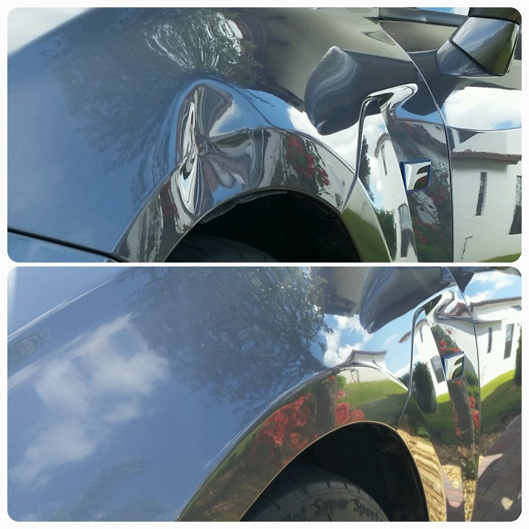 Hood dent from a falling object, repaired paintless