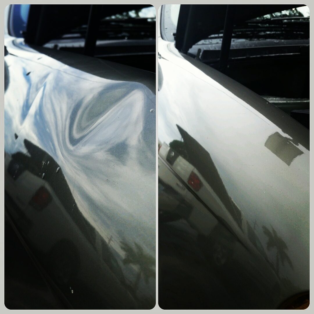 Shopping cart dent fixed on a front fender using PDR