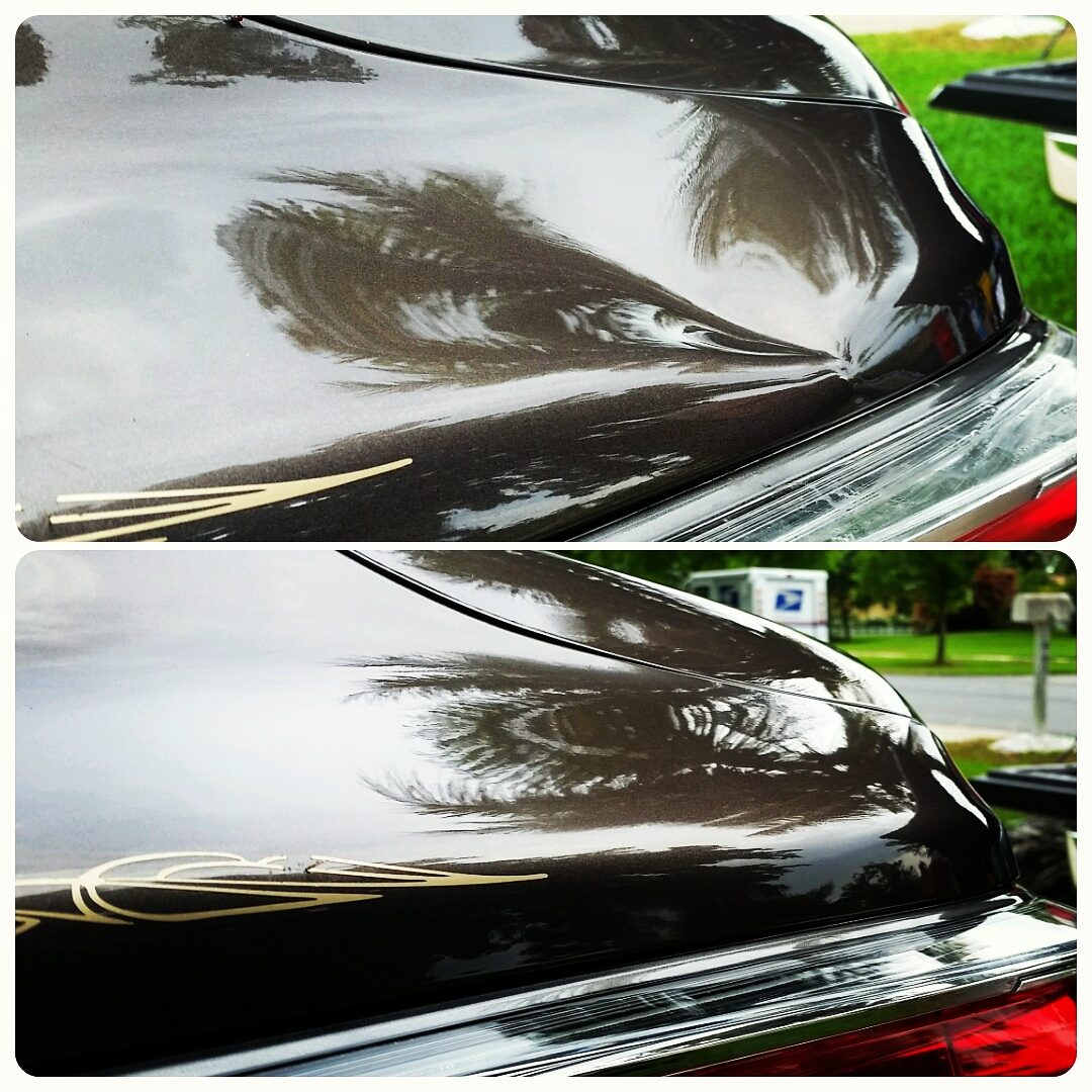 Hail dent repaired on a hood — paintless dent repair result
