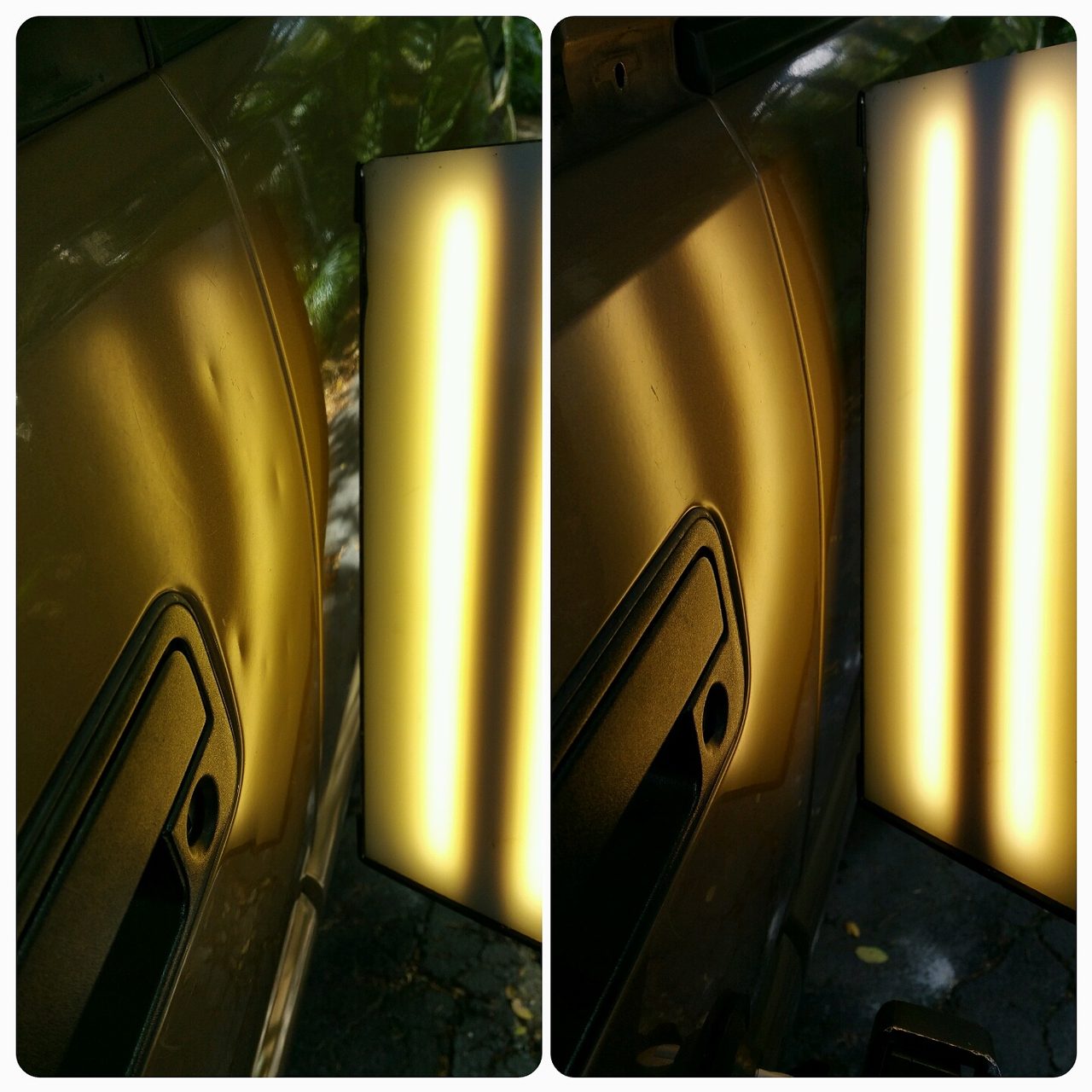 Creased door panel restored with paintless dent repair